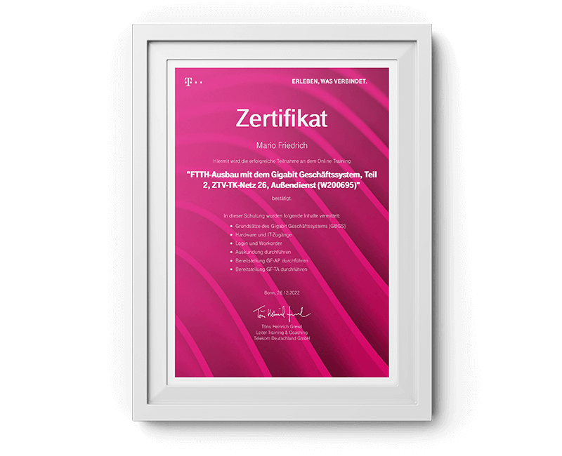 Zertifikat Deutsche Telekom FTTH Ausbau W200695